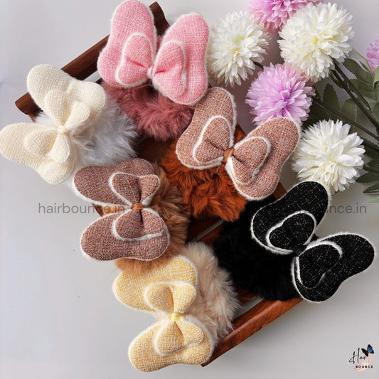 Furry Bow Hair Scrunchie – Soft Plush Fabric | Winter Chic