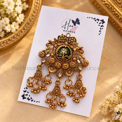 Heritage Floral Antique Gold Jada Billa with Bead Hangings