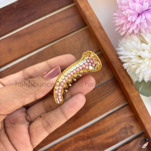 Blush Pearl Crystal Curved Hair Claw – Premium Designer Banana Hair Clip