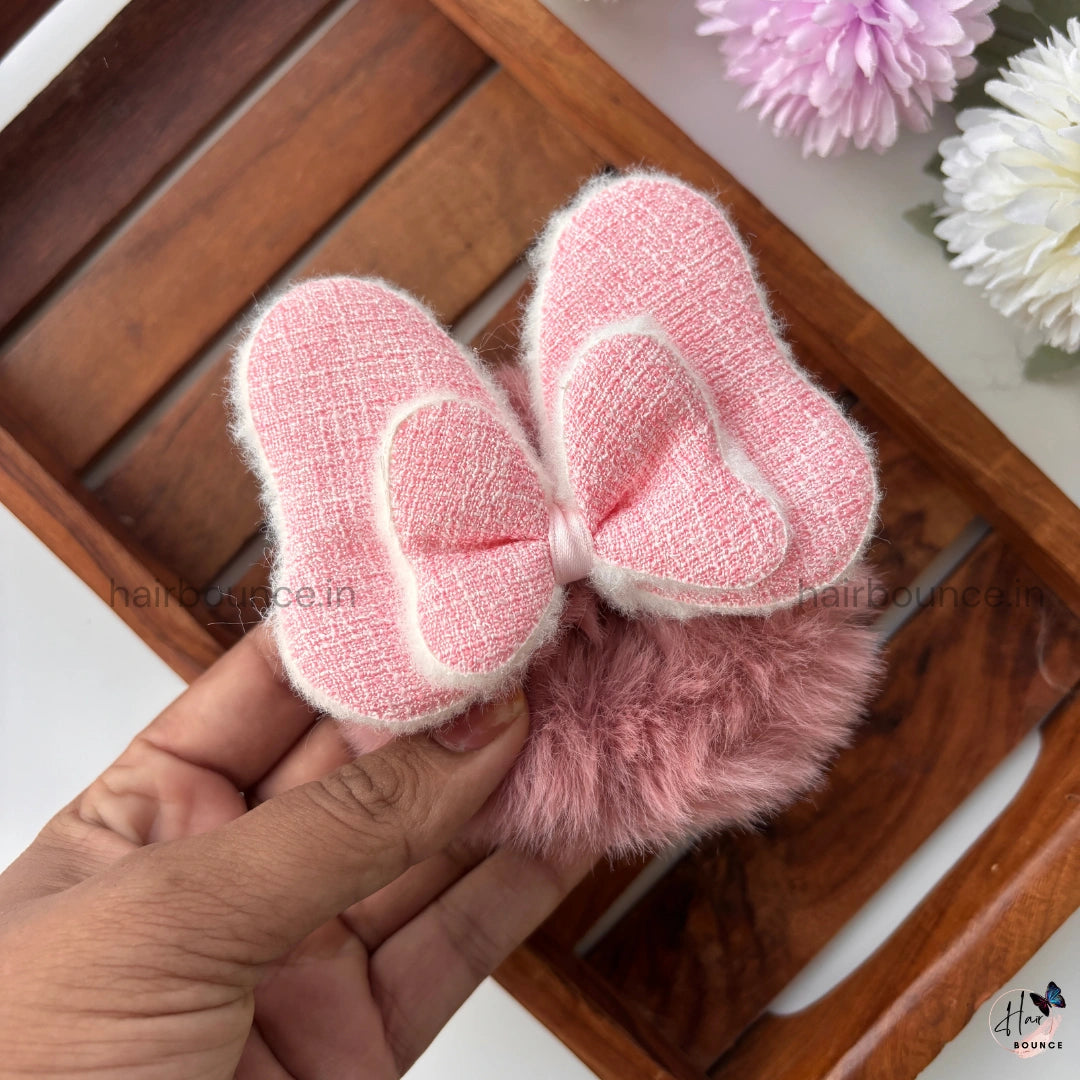 Furry Bow Hair Scrunchie – Soft Plush Fabric | Winter Chic