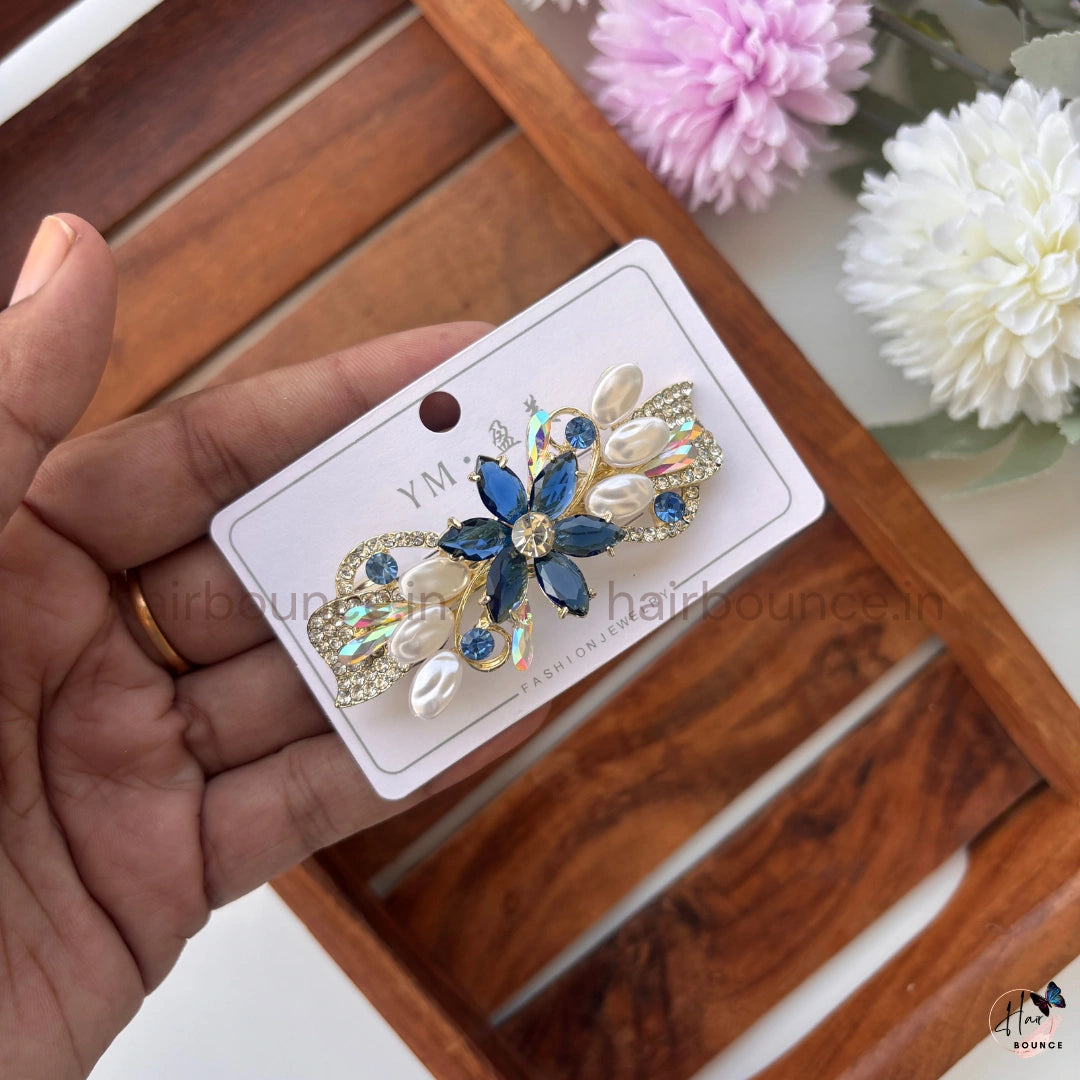 Floral Crystal Hair Barrette – Pearl & Rhinestone Designer Clip