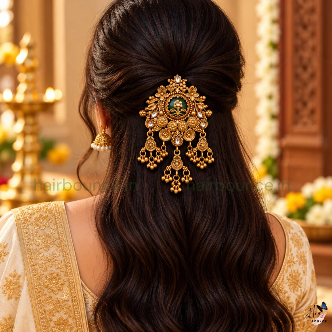 Heritage Floral Antique Gold Jada Billa with Bead Hangings
