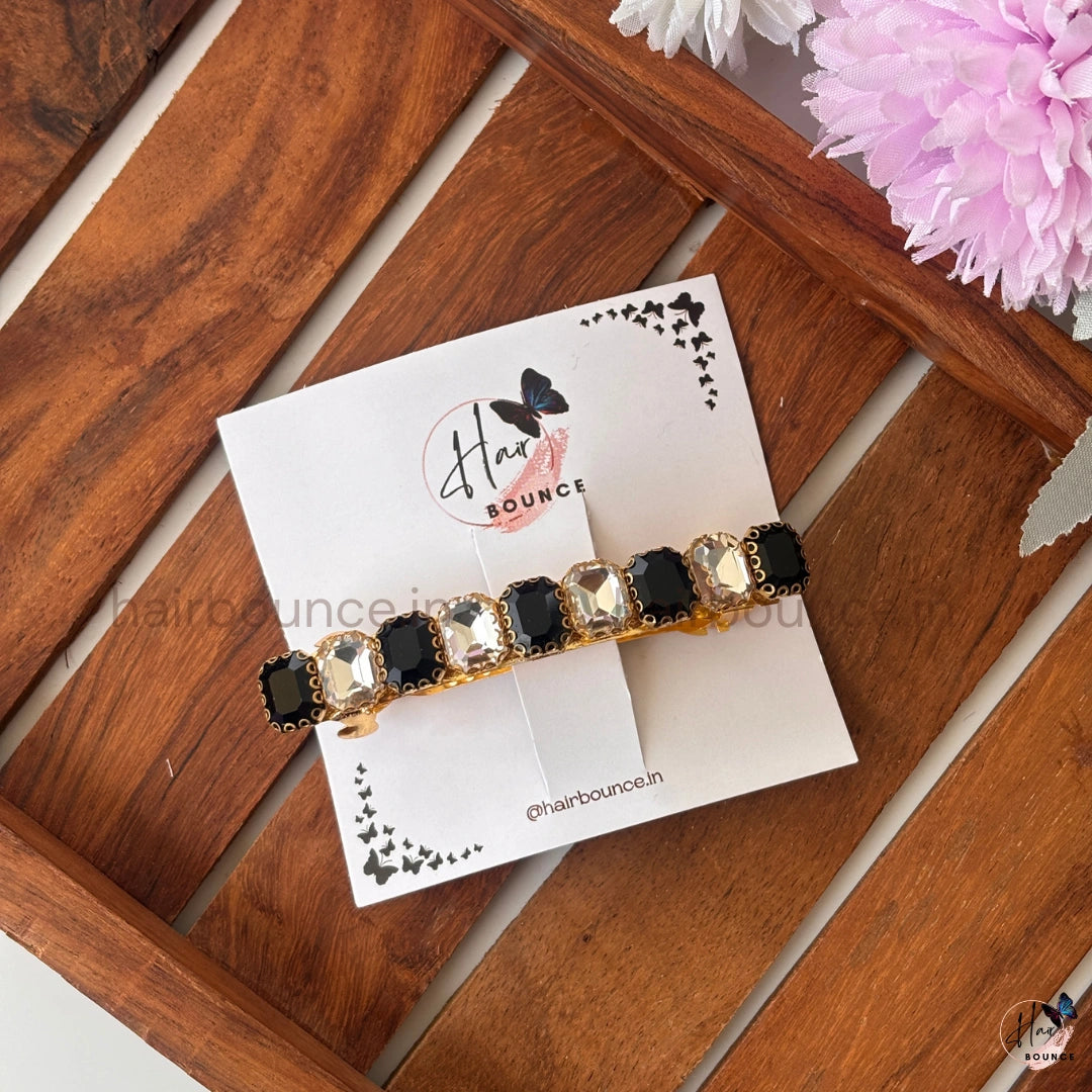 Elite Aura Kundan Center Hair Clip – Black & Crystal White