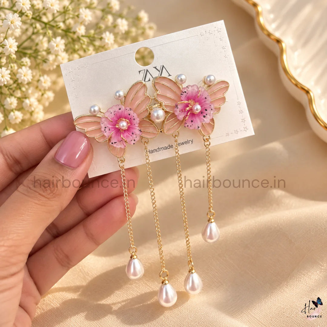Butterfly Blossom Floral Hair Clips with Pearl Hangings