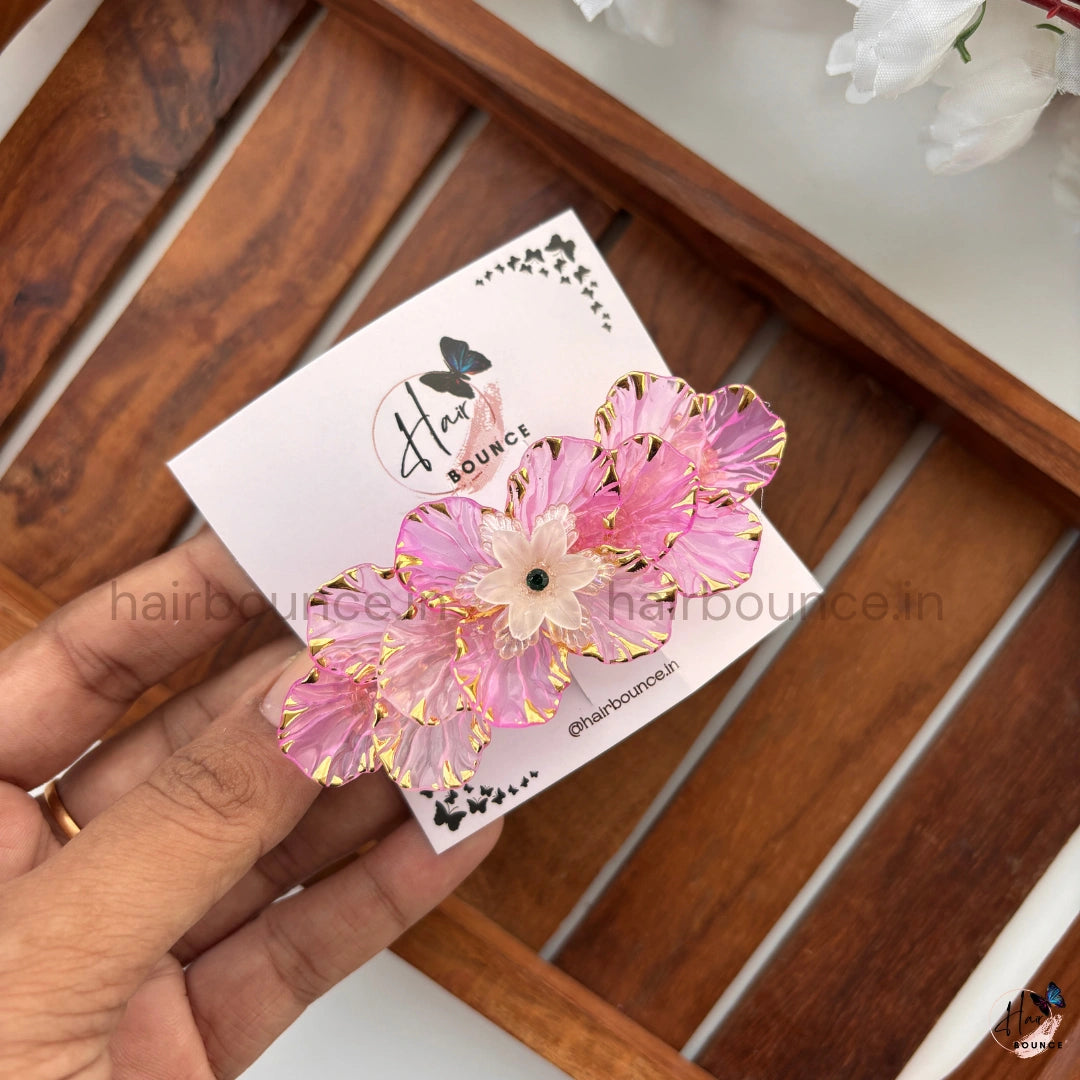 Pink Crystal Bloom Floral Center Hair Clip with Gold Detailing