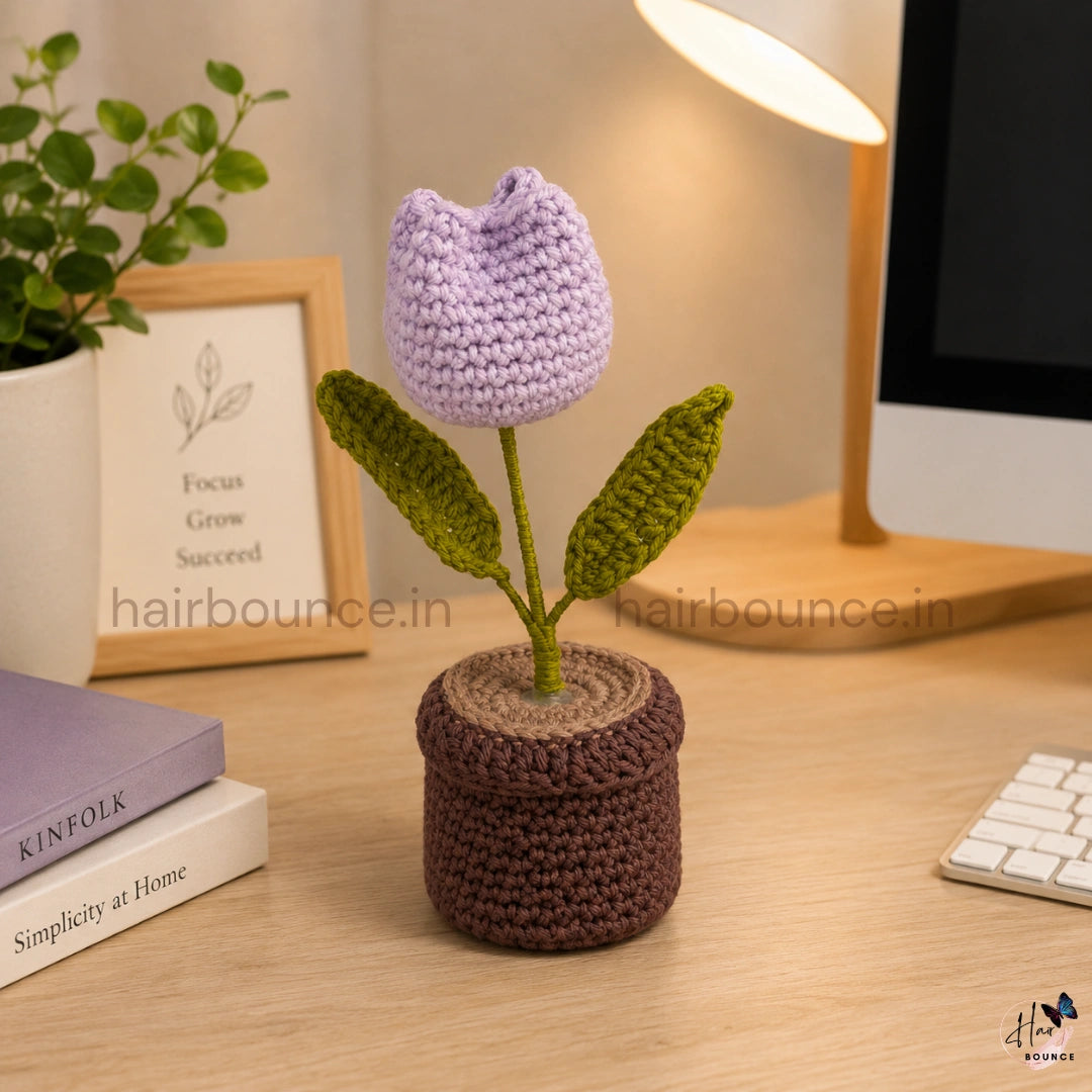 Handmade Crochet Flower Pot Collection | Knitted Sunflower & Tulip Desk Decor | Handmade Home & Office Decoration