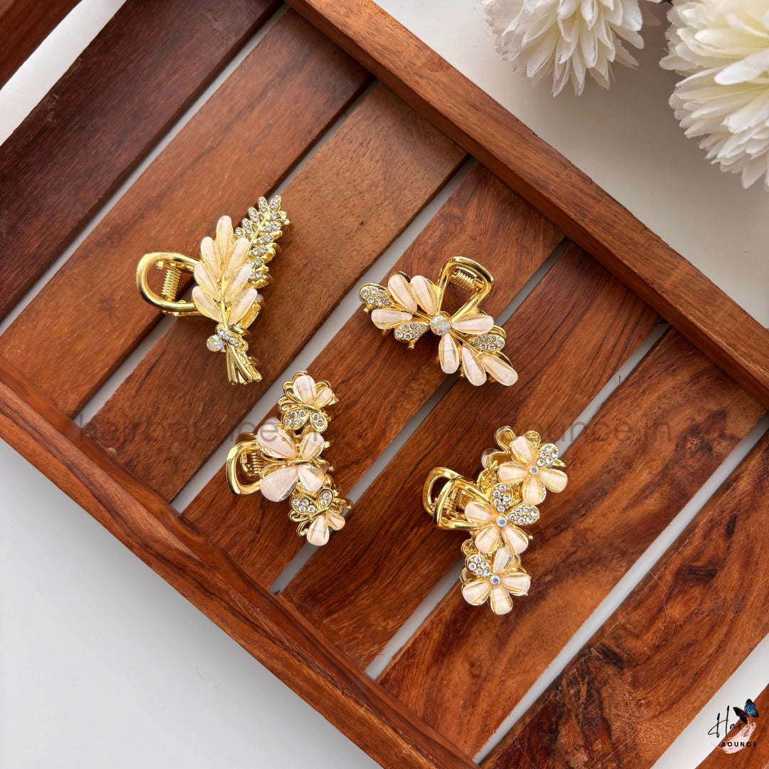 Gold Finish Premium Pearl Floral Metal Hair Claw – Medium