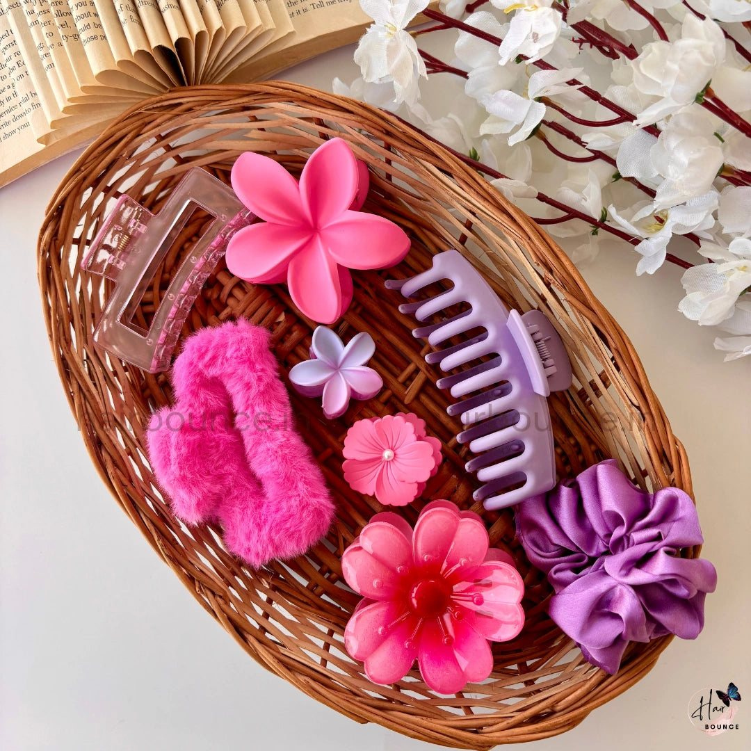 Pink & Purple Hair Accessories Combo Set – 8 Pcs