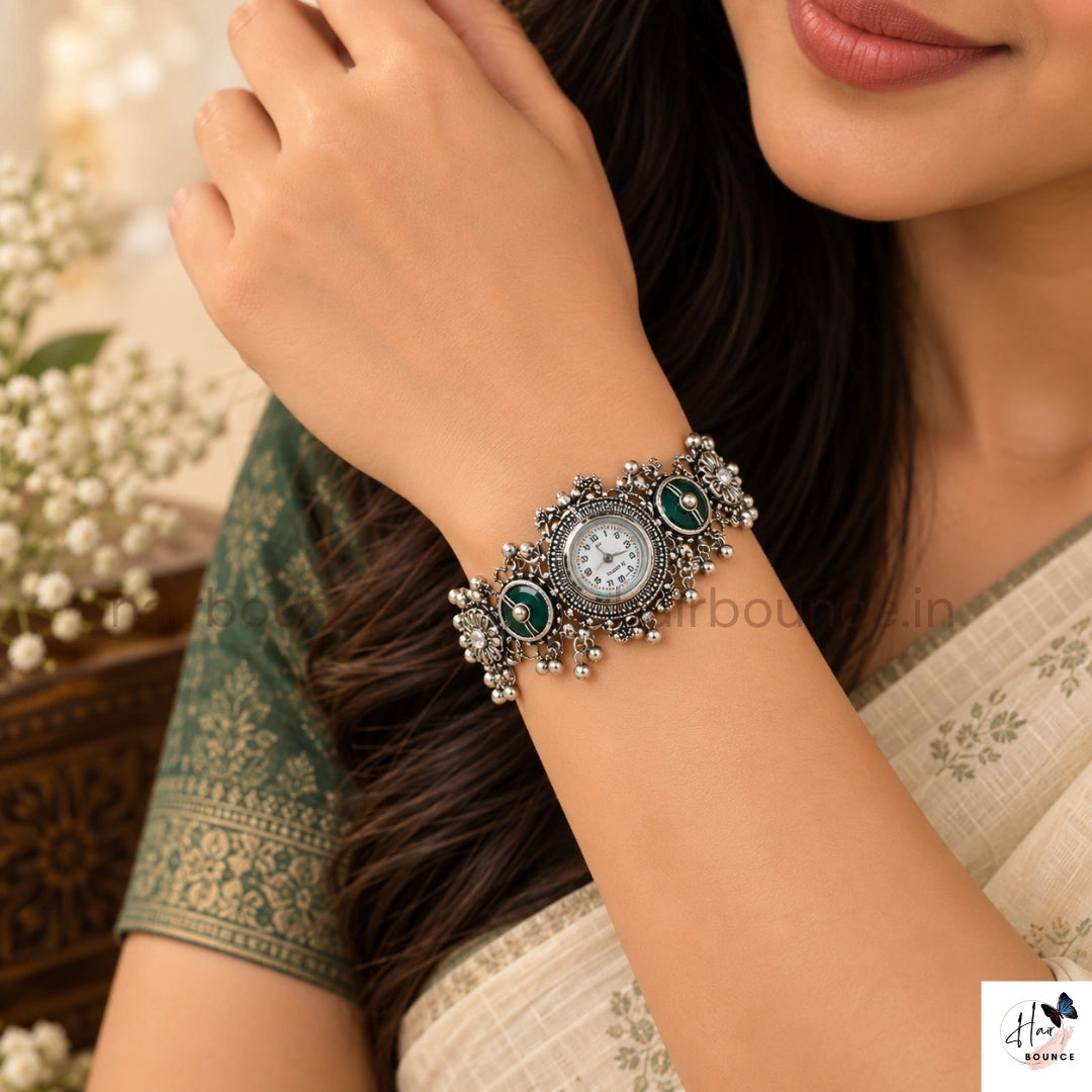 Oxidised Silver Green Stone Ghungroo Traditional Jewellery Watch