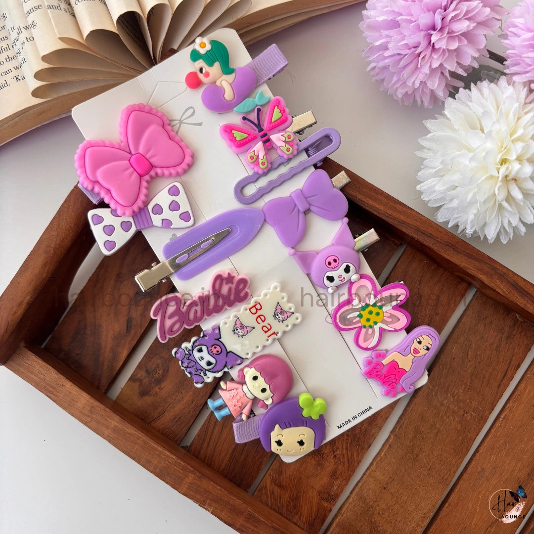 Ultimate Kawaii Cartoon Hair Clip Combo – 14 Pieces / Purple Mix