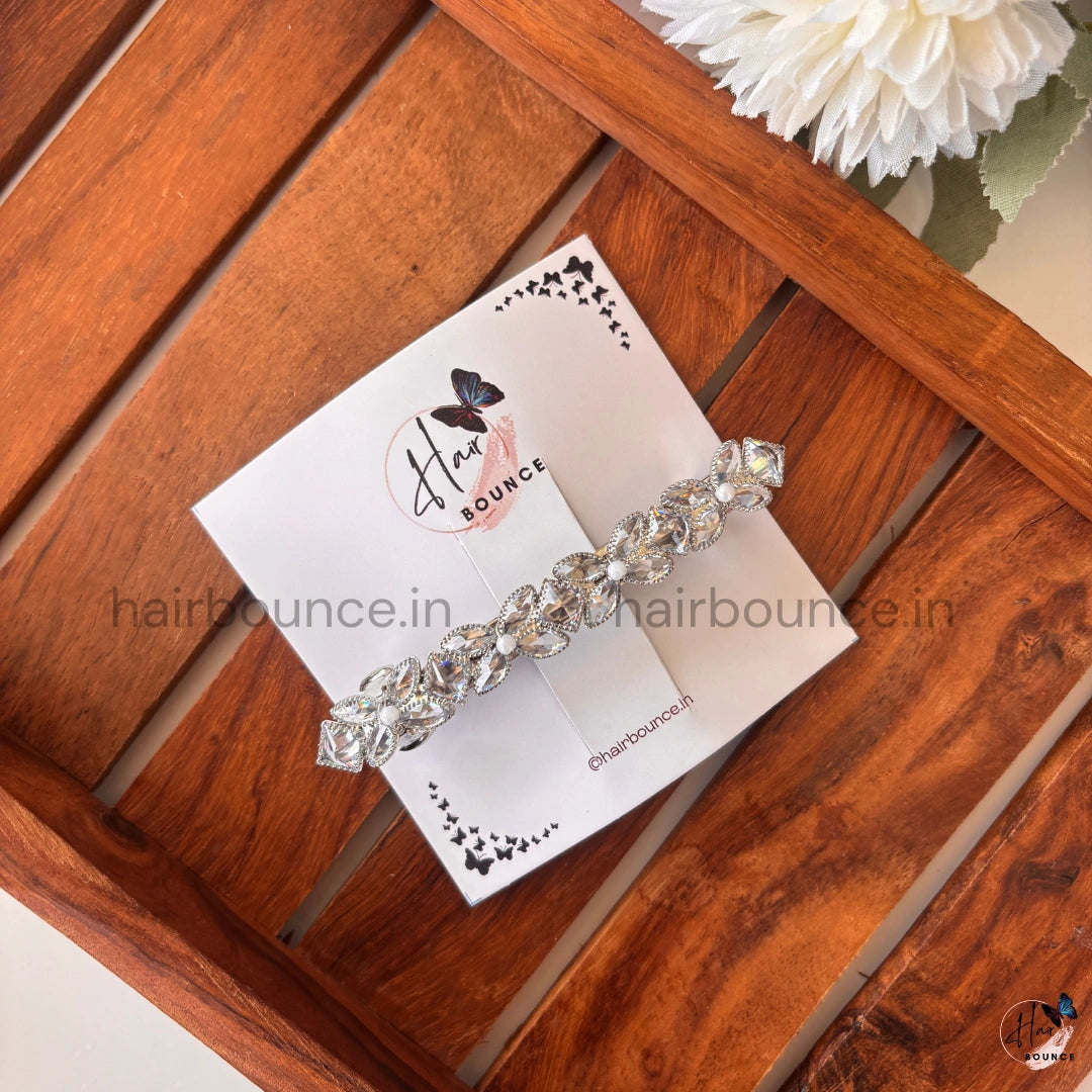 Aurora Pearl Petal Crystal Barrette – Silver Finish