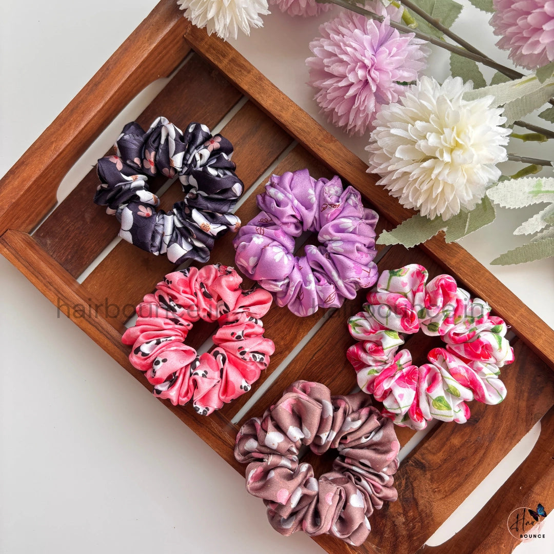 Bloom & Bliss Printed Satin Scrunchie Set – Pack of 5 (Small)
