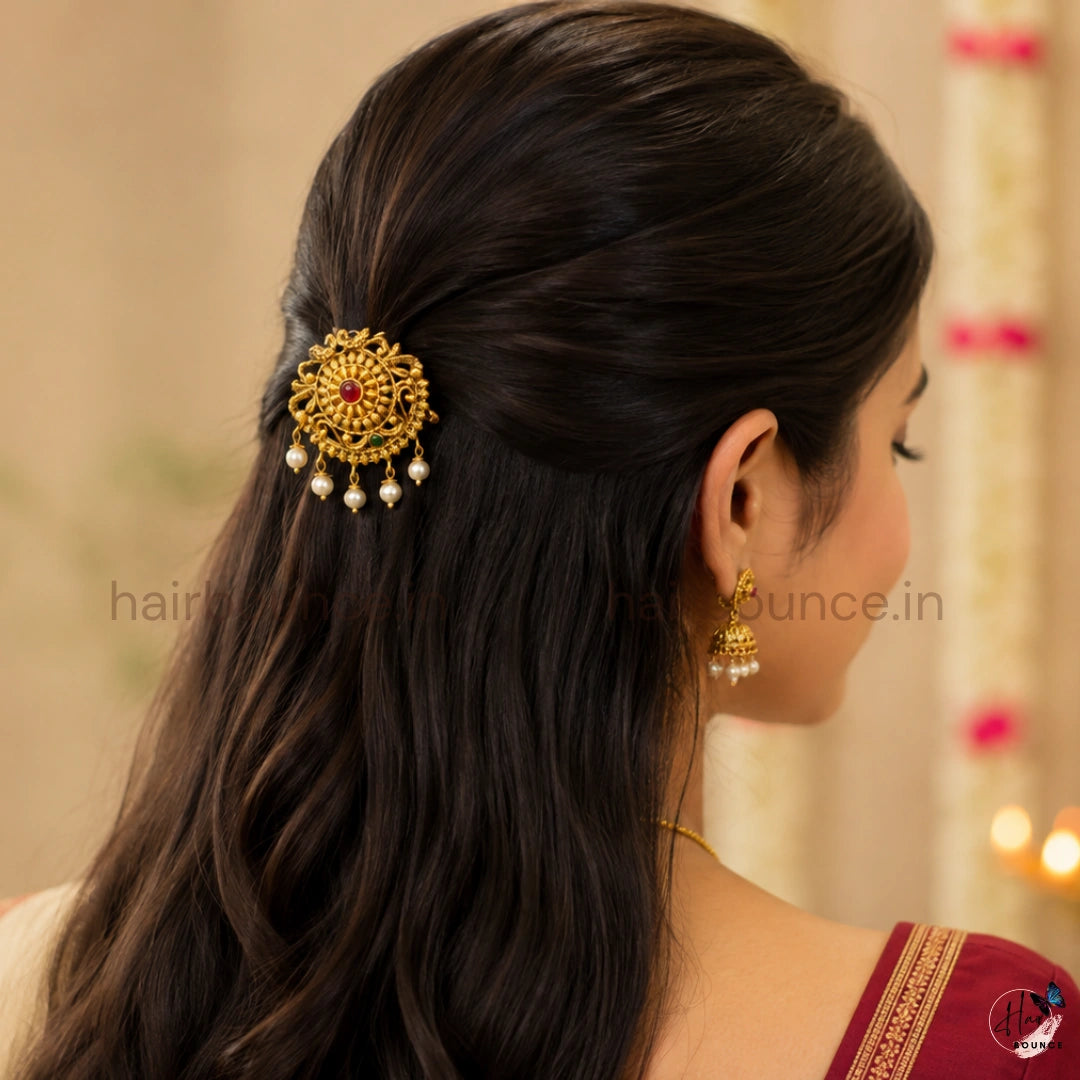 Antique Gold Kemp Peacock Jada Billa with Pearl Hangings