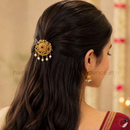 Antique Gold Kemp Peacock Jada Billa with Pearl Hangings