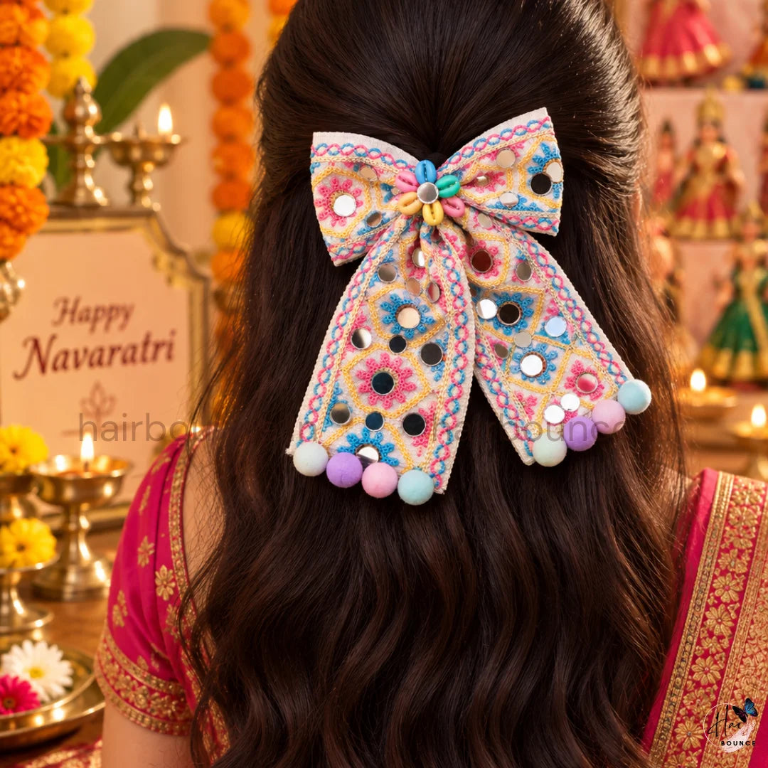 Navaratri Mirror Work Embroidered Hair Bow with Pom Poms