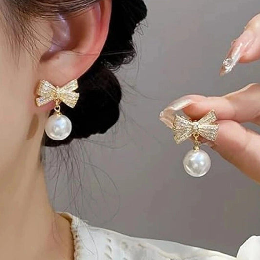 Golden Bow Pearl Drop Earrings for Women