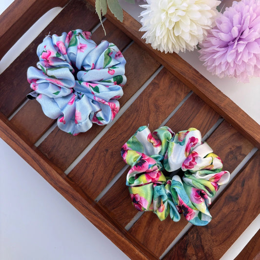 🌸 Floral Satin Scrunchies – Pack of 2 (Regular)