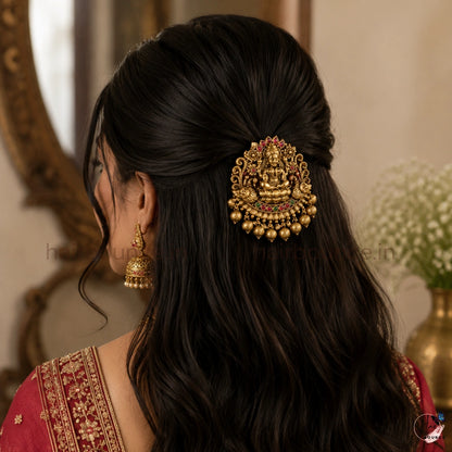 Antique Lakshmi Peacock Jada Billa with Kemp Stones & Gold Beads