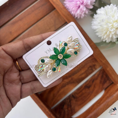 Floral Crystal Hair Barrette – Pearl & Rhinestone Designer Clip