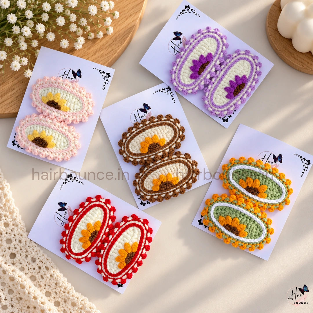 Premium Handmade Crochet Sunflower Tic Tac Hair Clips – Pack of 2