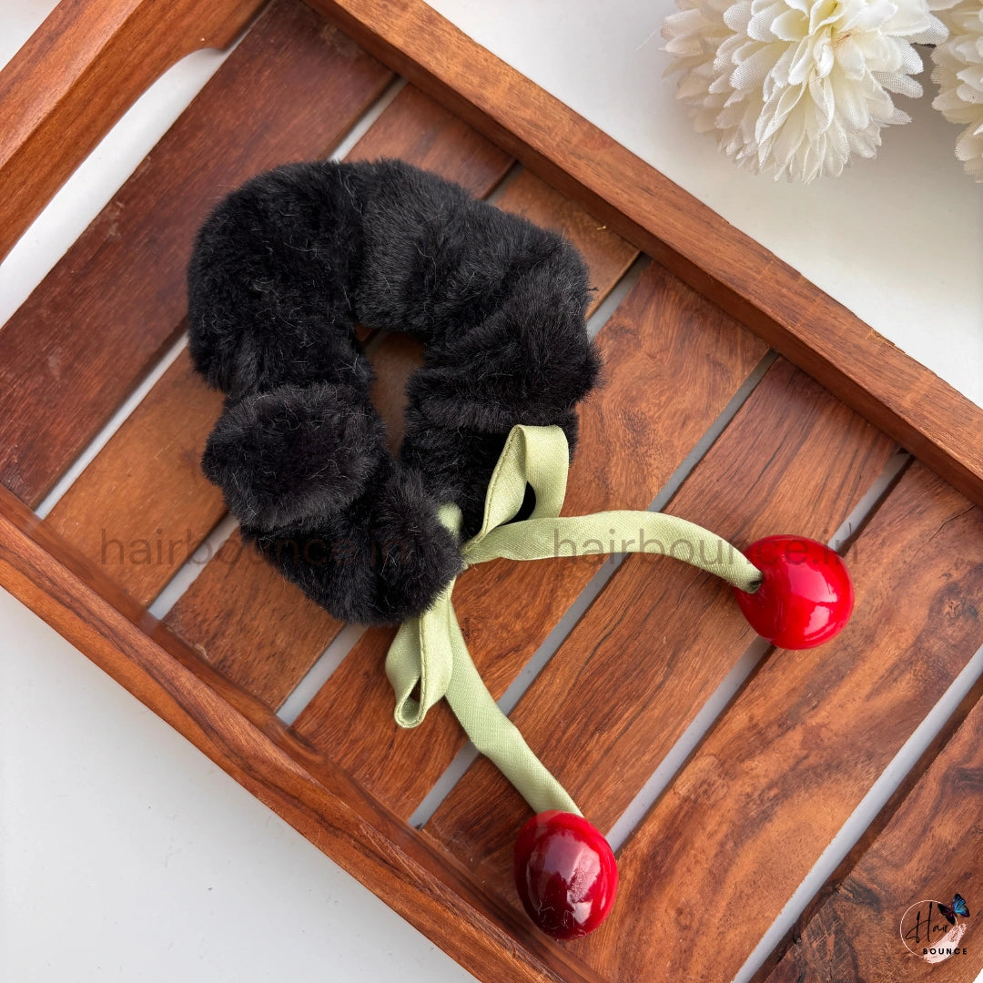 Cherry Charm Faux Fur Scrunchie Hair Tie