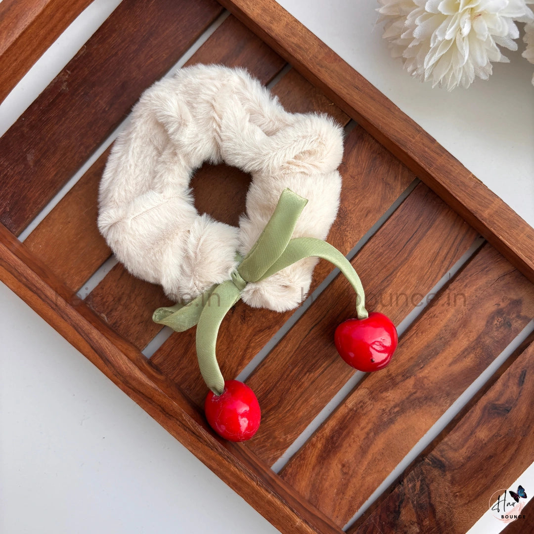 Cherry Charm Faux Fur Scrunchie Hair Tie