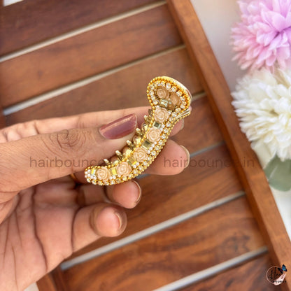Vintage Floral Crystal Curved Hair Claw – Luxury Designer Banana Hair Clip