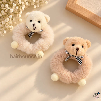 Cute Teddy Bear Fluffy Hair Scrunchie with Bow – 2 Colours