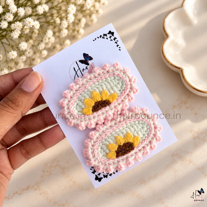 Premium Handmade Crochet Sunflower Tic Tac Hair Clips – Pack of 2