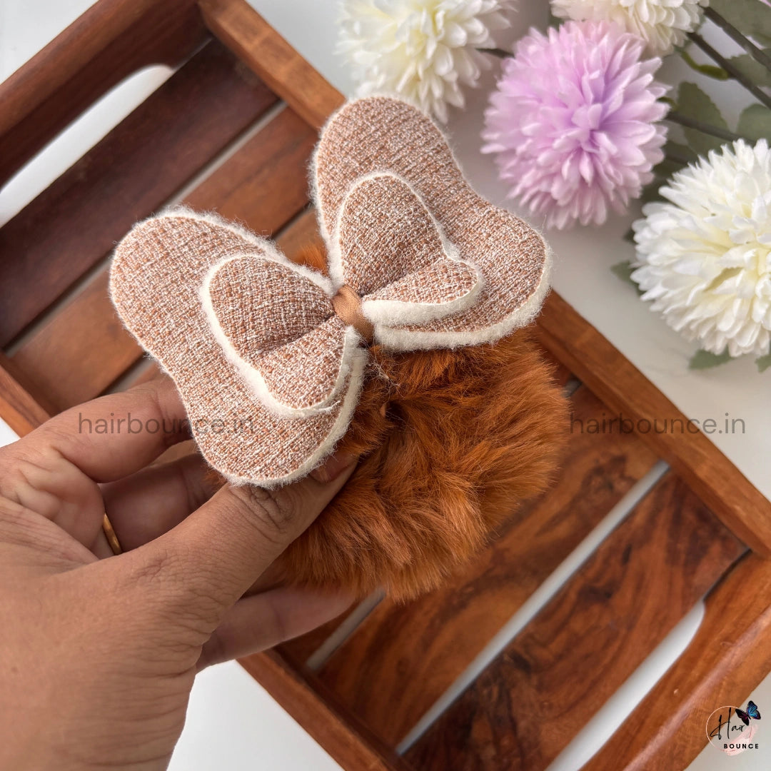 Furry Bow Hair Scrunchie – Soft Plush Fabric | Winter Chic