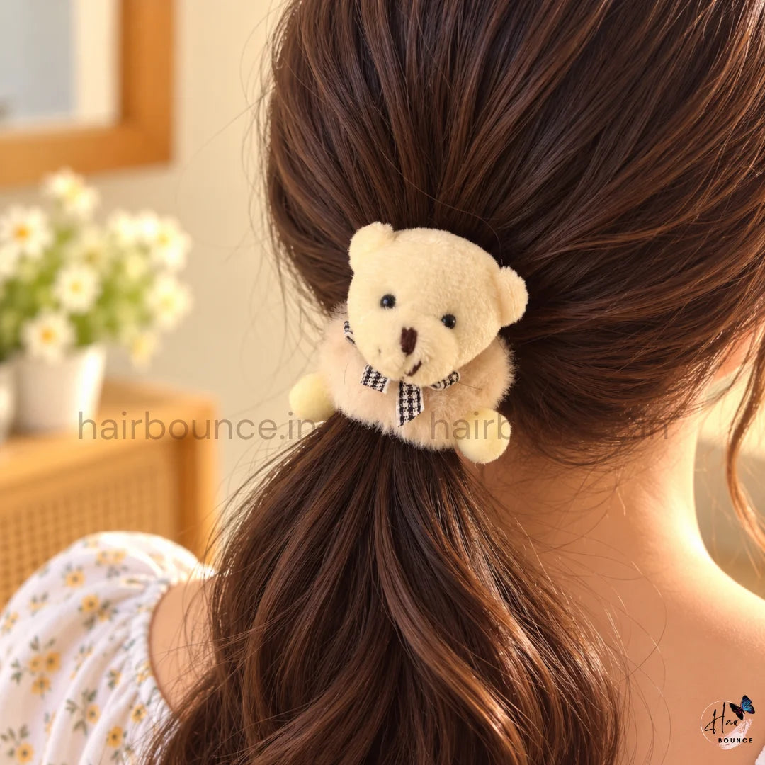 Cute Teddy Bear Fluffy Hair Scrunchie with Bow – 2 Colours
