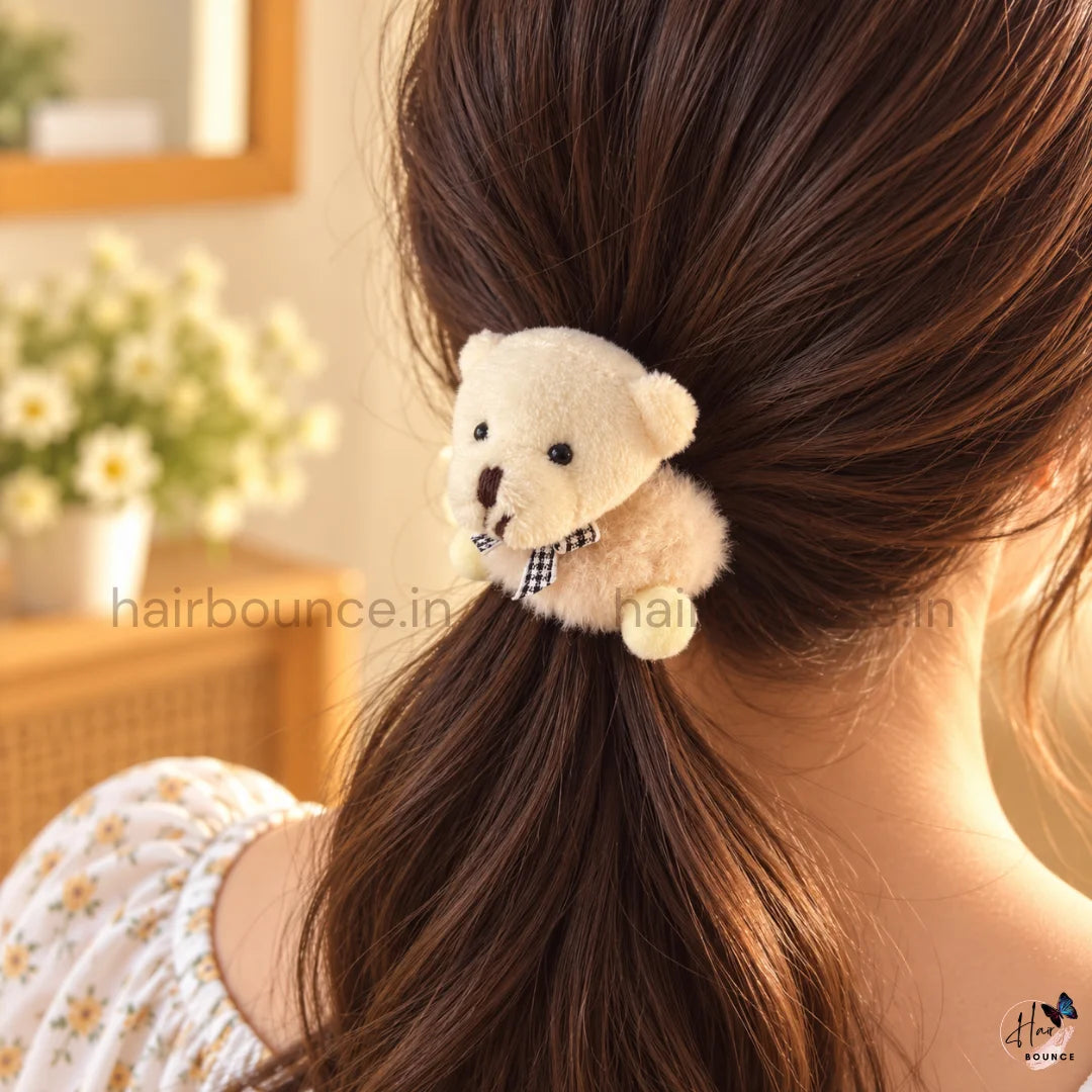 Cute Teddy Bear Fluffy Hair Scrunchie with Bow – 2 Colours