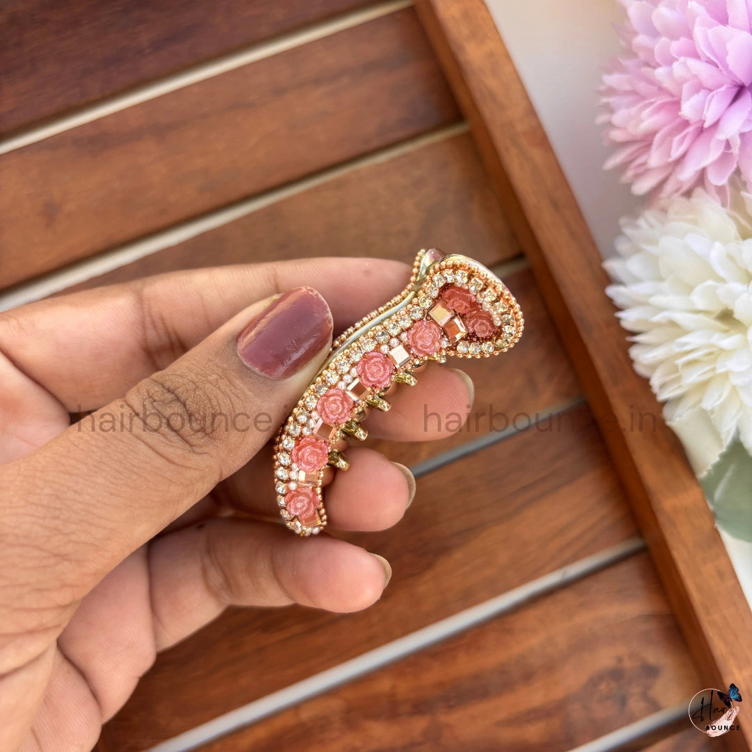 Vintage Floral Crystal Curved Hair Claw – Luxury Designer Banana Hair Clip