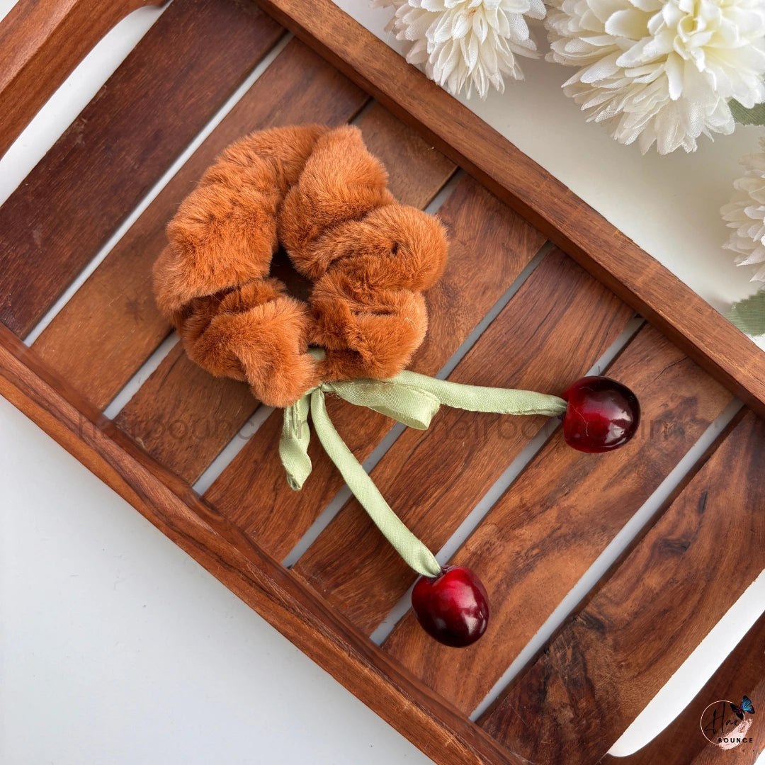 Cherry Charm Faux Fur Scrunchie Hair Tie