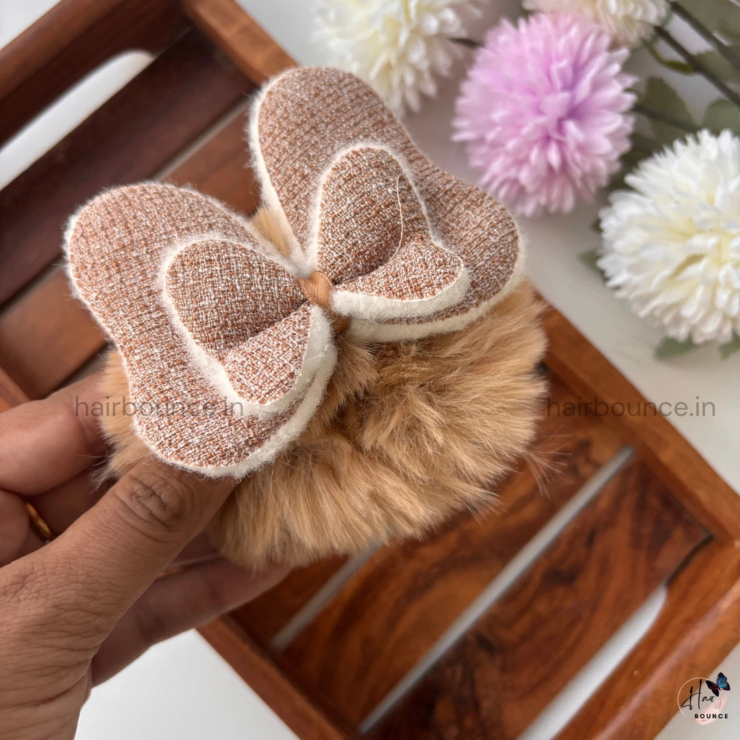 Furry Bow Hair Scrunchie – Soft Plush Fabric | Winter Chic