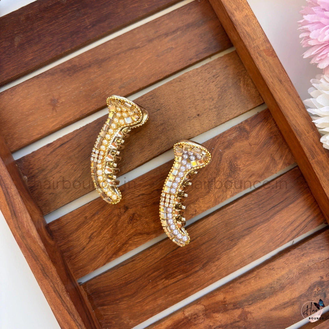 Golden Pearl Crystal Curved Hair Claw – Luxury Designer Banana Hair Clip
