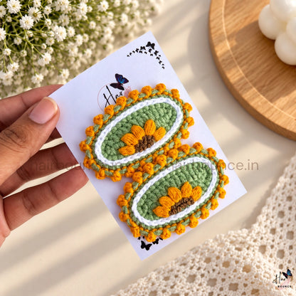 Premium Handmade Crochet Sunflower Tic Tac Hair Clips – Pack of 2