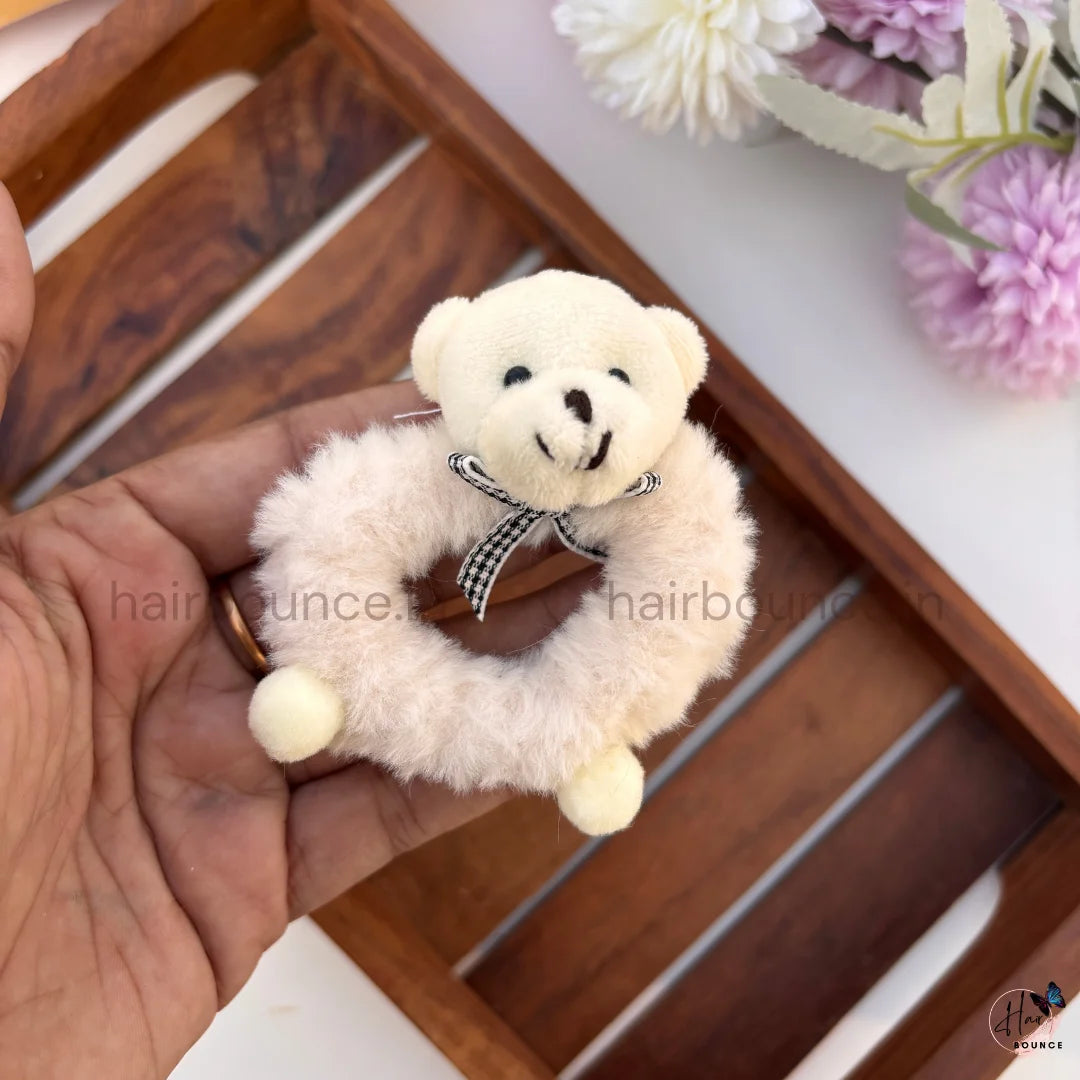 Cute Teddy Bear Fluffy Hair Scrunchie with Bow – 2 Colours