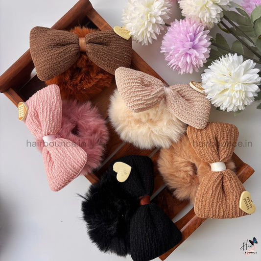 Velvet Bow Furry Hair Scrunchie – Soft Plush Elastic | Premium Look