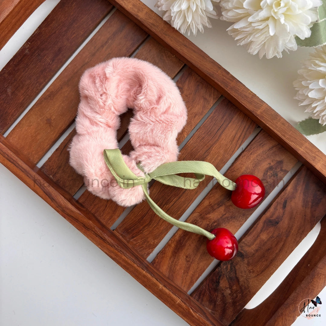 Cherry Charm Faux Fur Scrunchie Hair Tie