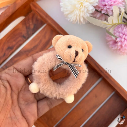 Cute Teddy Bear Fluffy Hair Scrunchie with Bow – 2 Colours