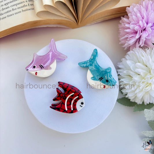 Cute Ocean Animal Hair Claw Clips – Shark & Fish Mini Hair Accessories for Girls / Pack of 3