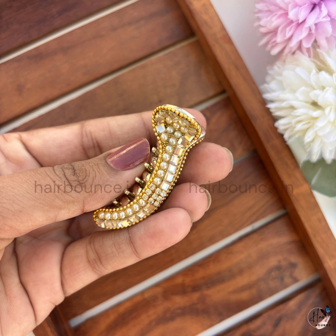 Golden Pearl Crystal Curved Hair Claw – Luxury Designer Banana Hair Clip