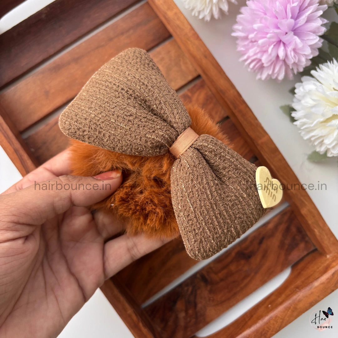 Velvet Bow Furry Hair Scrunchie – Soft Plush Elastic | Premium Look
