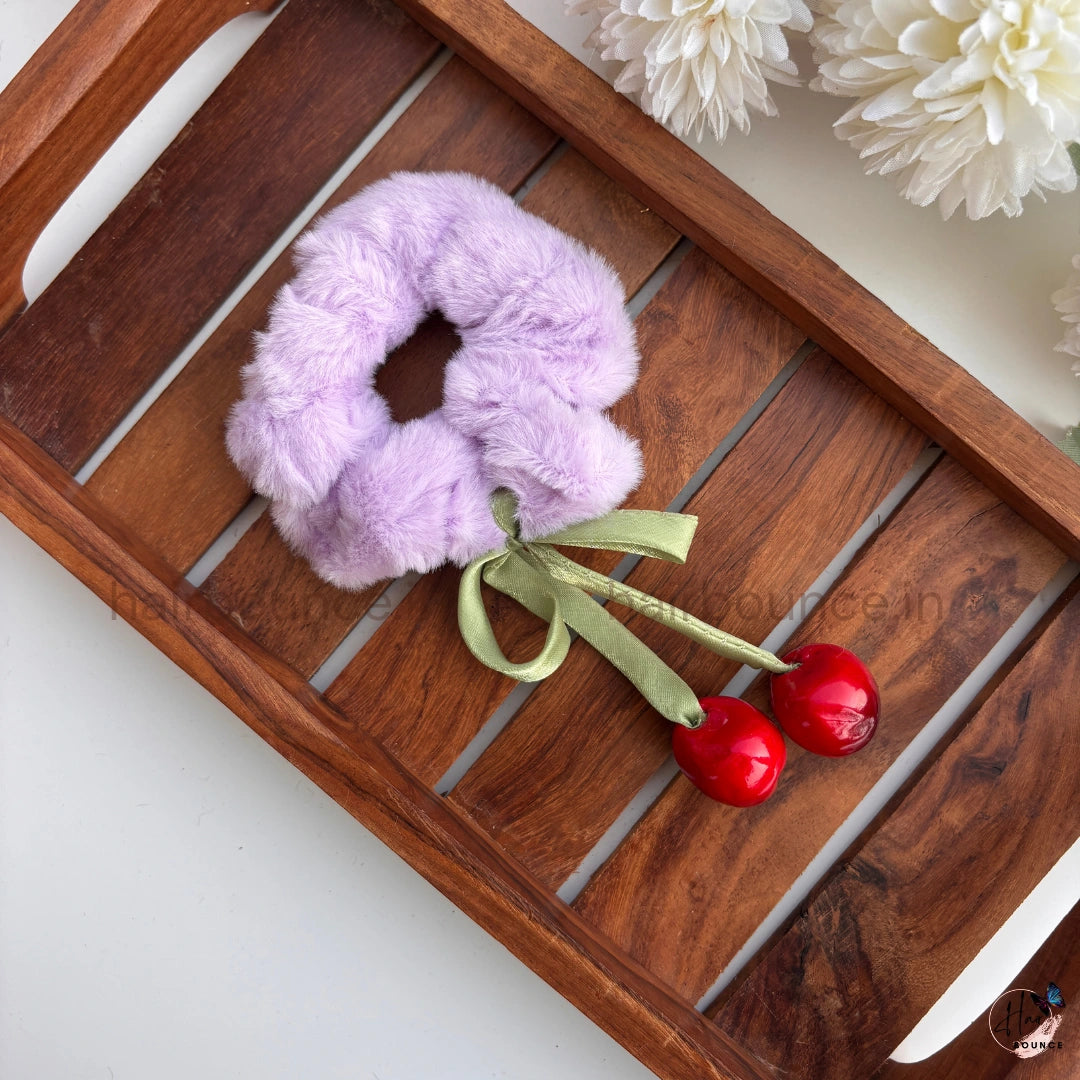 Cherry Charm Faux Fur Scrunchie Hair Tie
