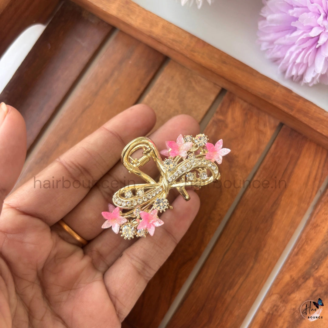 Royal Crystal Floral Bow Metal Hair Claw – Medium
