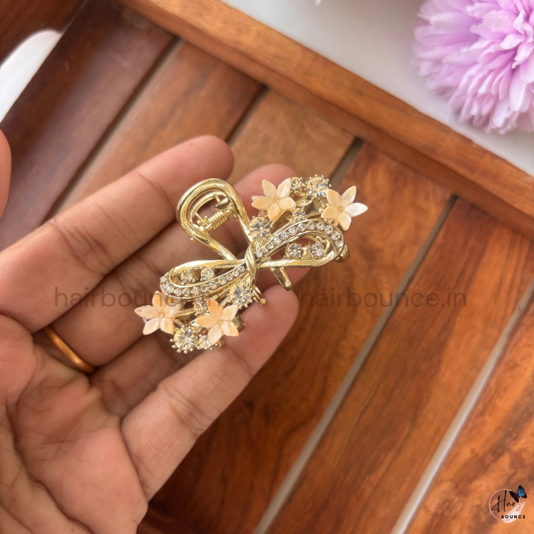 Royal Crystal Floral Bow Metal Hair Claw – Medium