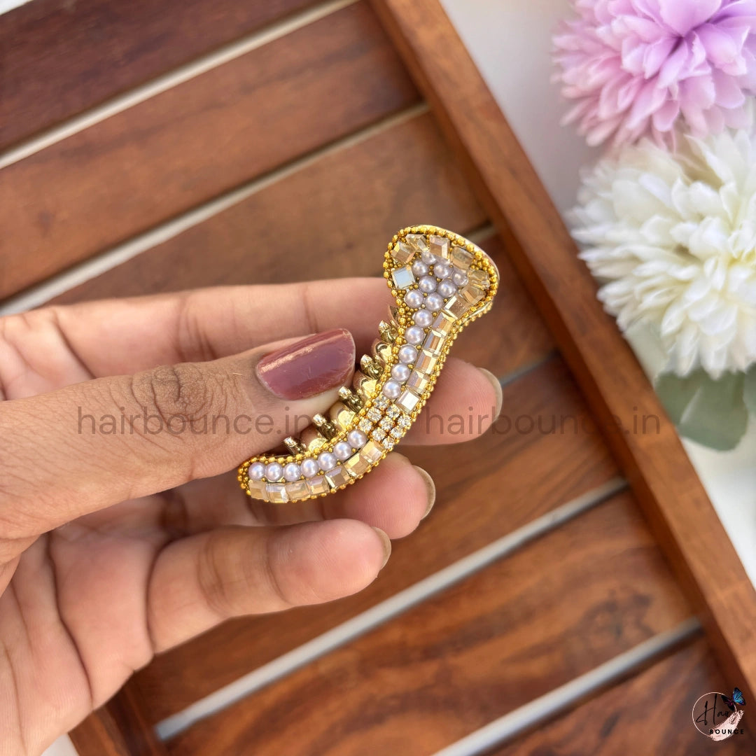 Golden Pearl Crystal Curved Hair Claw – Luxury Designer Banana Hair Clip