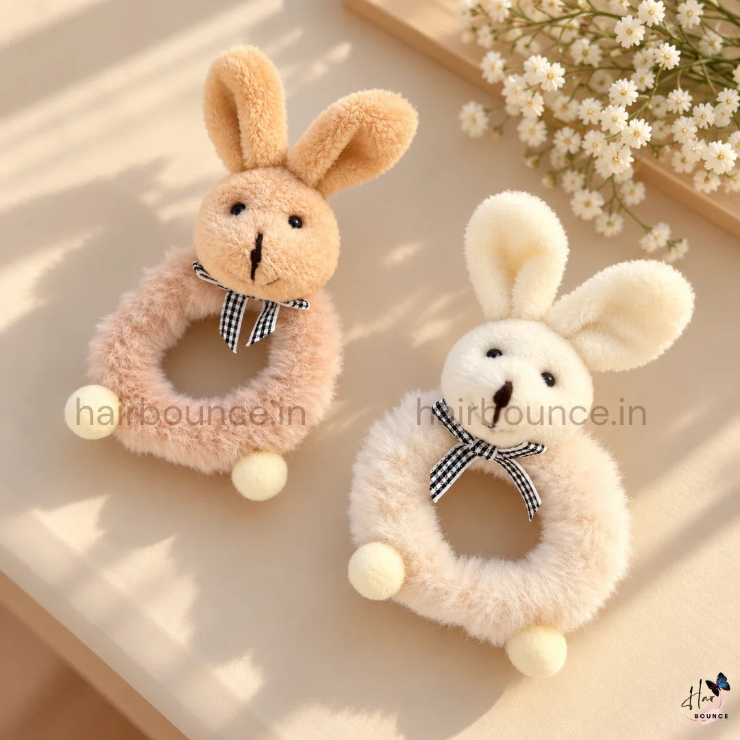 Cute Bunny Rabbit Fluffy Hair Scrunchie with Bow – 2 Colours