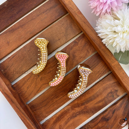 Elegant Pearl Crystal Curved Hair Claw – Premium Designer Banana Hair Clip